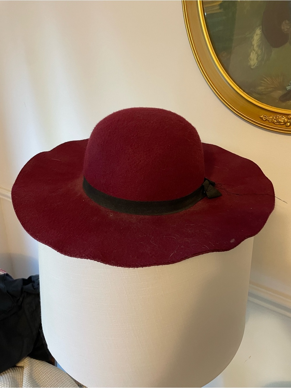 Women's Wide Brim Felt Hat in Burgundy with Black Trim